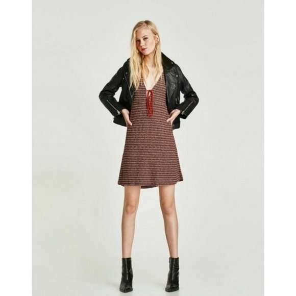 Zara Dresses & Skirts - Zara Trafaluc Women's Knit Sheath Dress Fall Winter Tie Front Size S Striped NWT